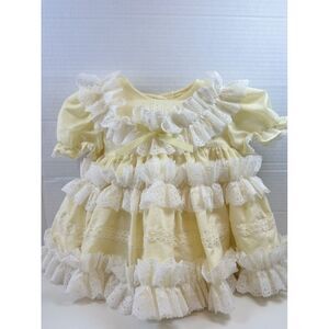 Vintage Mini World Ruffle Pageant Dress Sz 3-6 Mos Yellow & White- Lace Easter‎